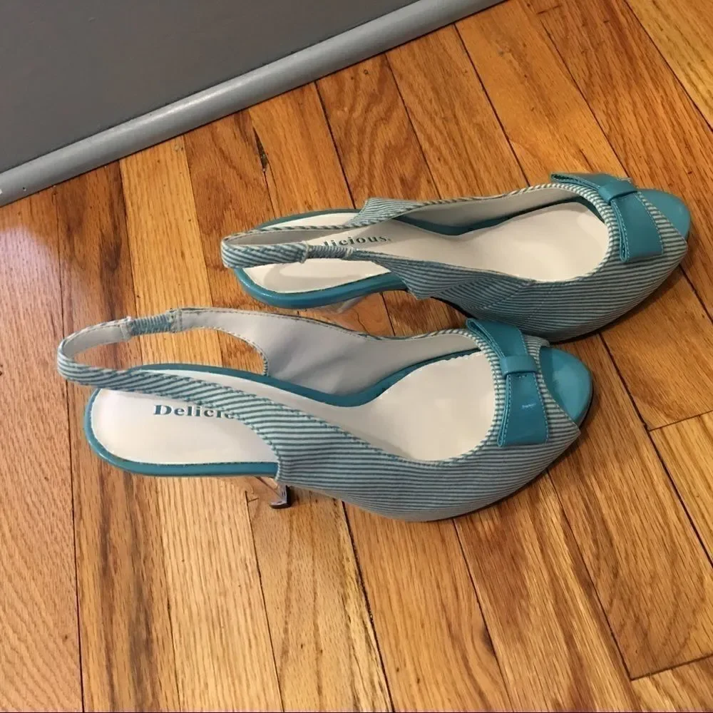 Turquoise white pin stripe slingback peeptoe heels